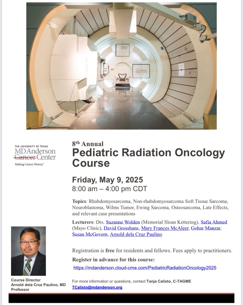 Denise De la Cruz, Ed.D. (@yogagirldd) on Twitter photo 📢 #RadOnc #residents and #fellows ☢️ Join us for the 8th Annual <a href="/MDAndersonNews/">MD Anderson Cancer Center</a> #Pediatric Radiation Oncology Course on May 9th!
Register here 👇🏼
mdanderson.cloud-cme.com/PediatricRadia… 📢 #RadOnc #residents and #fellows ☢️ Join us for the 8th Annual <a href="/MDAndersonNews/">MD Anderson Cancer Center</a> #Pediatric Radiation Oncology Course on May 9th!
Register here 👇🏼
mdanderson.cloud-cme.com/PediatricRadia…