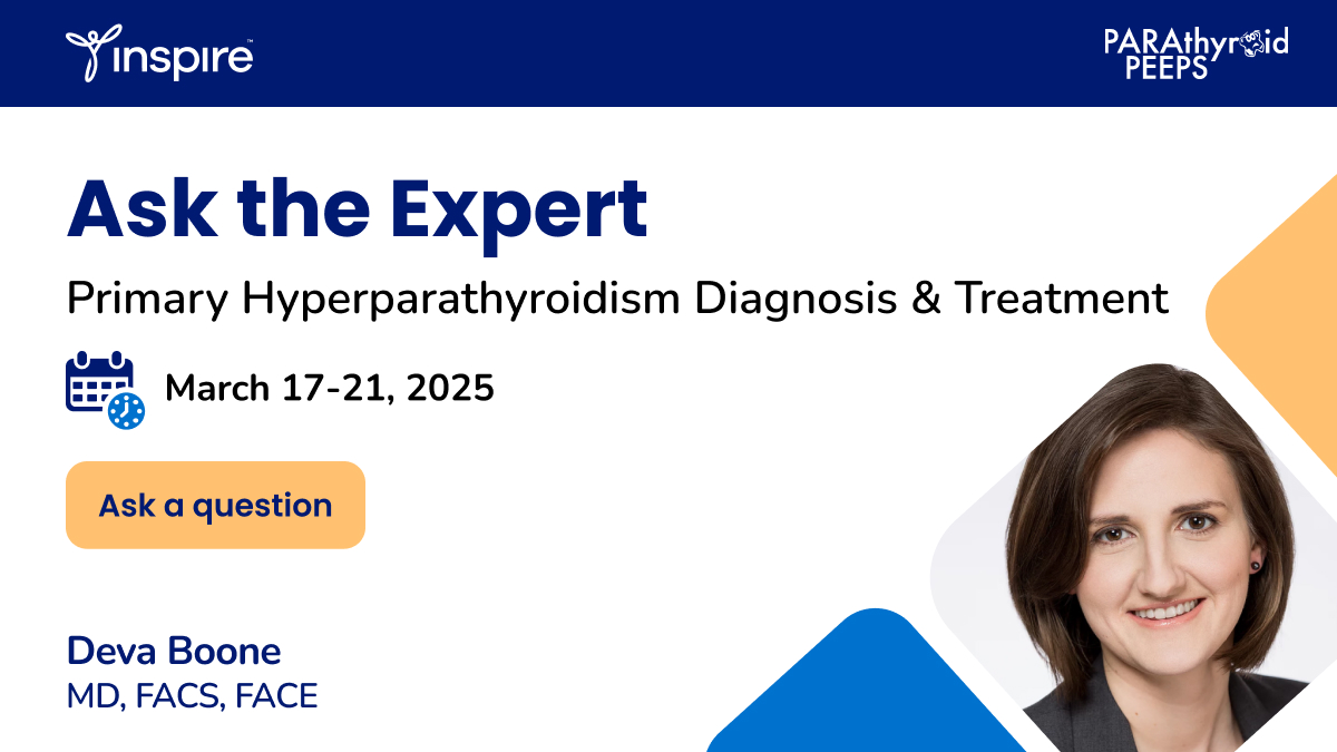 parathyroidpeep's tweet photo. High blood calcium? Kidney stones? Osteoporosis? Want to learn the function of your four parathyroid glands that sit behind the thyroid? Join our Q &amp; A on Inspire with expert Dr. Deva Boone, Southwest Parathyroid Center through this link: https://t.co/MfZAls68hq https://t.co/RVdLqOcYXe