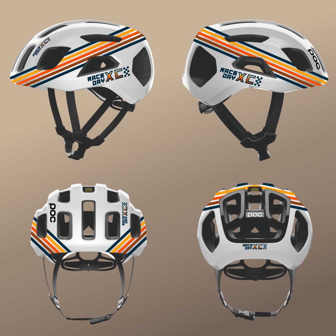 Race Day XC is a new championship series and we have a unique opportunity to start fresh with exciting traditions. For 2025 POC Sports will be awarding all individual 46 class champions with a POC helmet customized with the Race Day XC Stripes