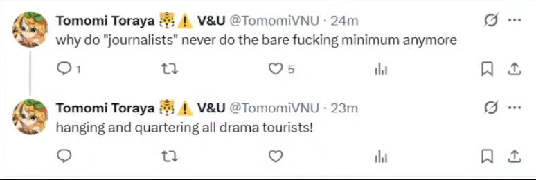 donutxdude's tweet photo. Imagine being so spineless that you behave like a cruel prick, only to then try &amp; hide your cruelty.

The internet is forever @TomomiVNU. Typical corporate #ENVTuber bullshit.

Is this the kind of behaviour you condone, @VNUofficial?

Do better. https://t.co/JXYCcn49zd