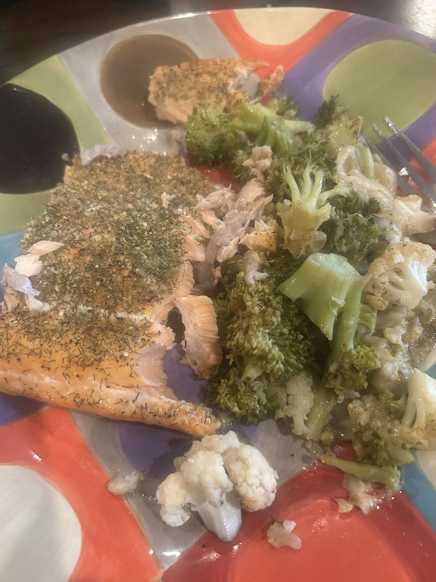 Lemon pepper dill salmon with cheesy broccoli/cauliflower