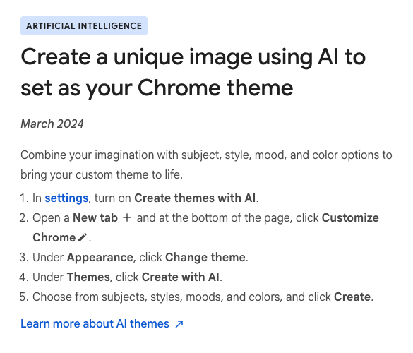 Wow. Noticed that Chrome now lets you use AI to build your Chrome theme #artificial_intelligence #Chrome support.google.com/chrome/answer/…… So far it still won't leap out of the screen.