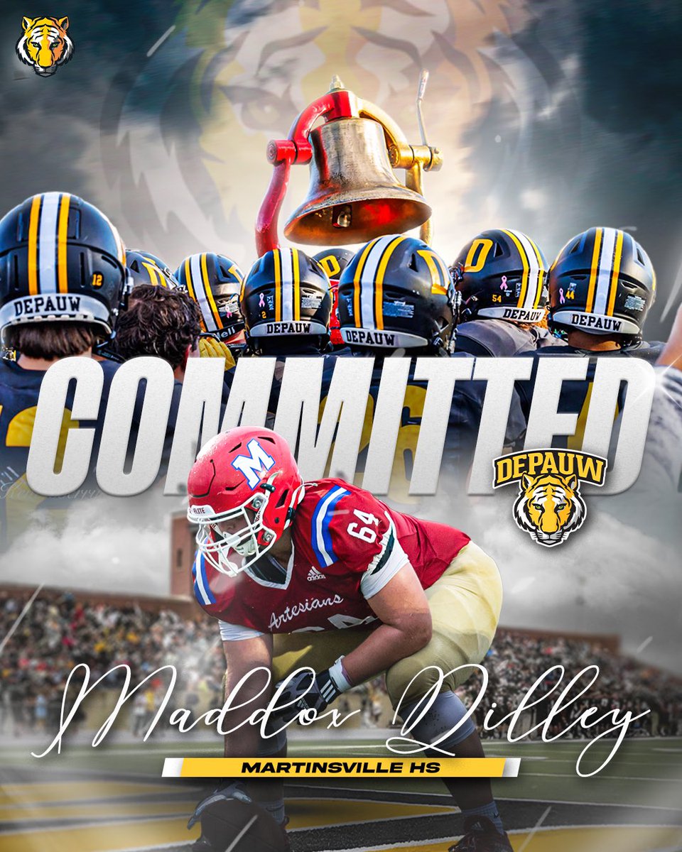 Maddox Dilley (@dilleymaddox) on Twitter photo I am excited to announce that I will be continuing my academic and athletic career <a href="/DePauwTigersFB/">DePauw Football</a> I would like to thank my family, coaches, and recruiters who have helped me make this decision and throughout my football career! #GoTigers🐯
<a href="/CoachDug/">Brian Dugger</a> <a href="/Martinsville_FB/">Martinsville High School Football</a> <a href="/QBCoachG/">Evan Gehlert</a> I am excited to announce that I will be continuing my academic and athletic career <a href="/DePauwTigersFB/">DePauw Football</a> I would like to thank my family, coaches, and recruiters who have helped me make this decision and throughout my football career! #GoTigers🐯
<a href="/CoachDug/">Brian Dugger</a> <a href="/Martinsville_FB/">Martinsville High School Football</a> <a href="/QBCoachG/">Evan Gehlert</a>
