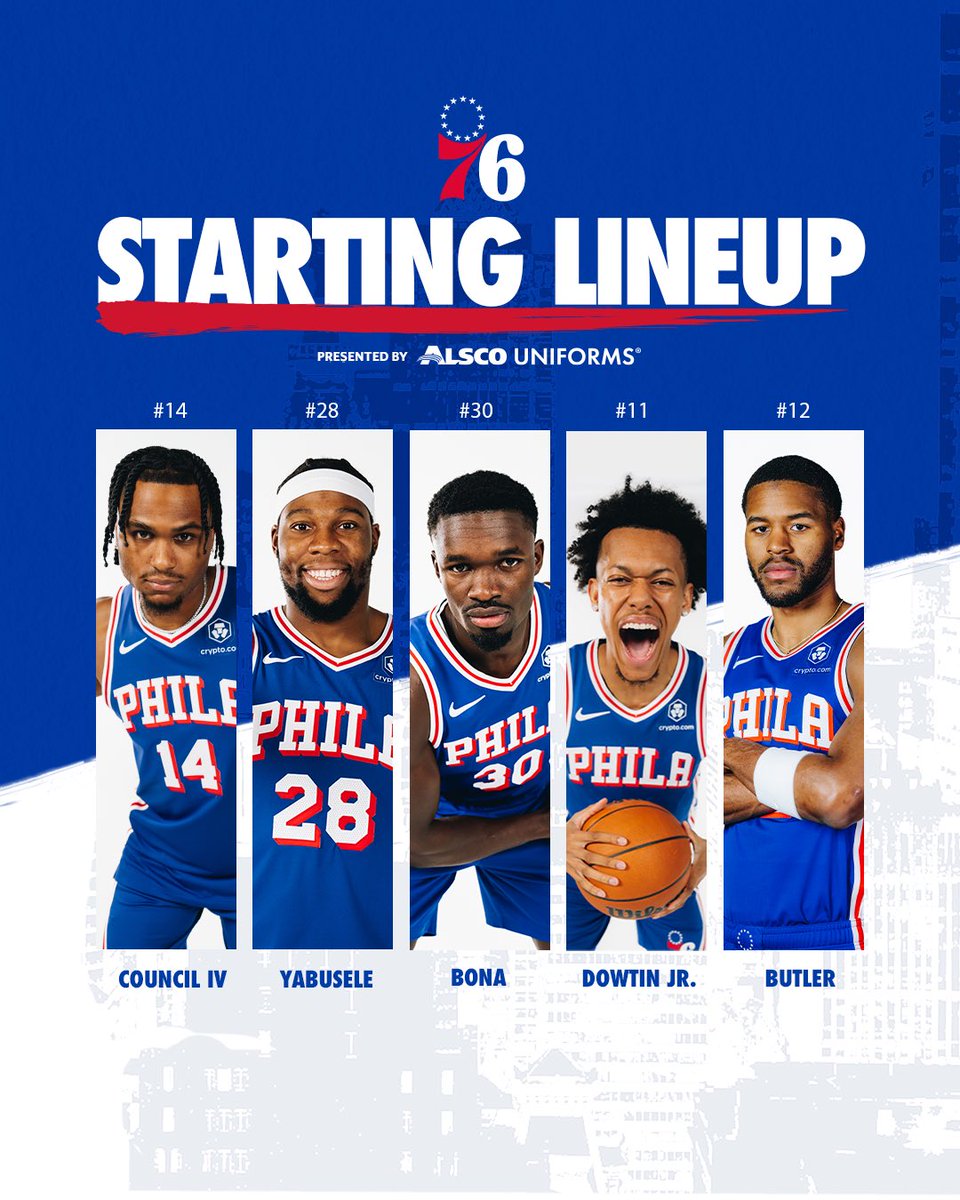 sixers's tweet photo. tonight's starting five: 

🔔 @Rickythe4th 
🔔 @yabusele28 
🔔 @adembona 
🔔 @JeffD_11 
🔔 @J_Hooper11 

@alscouniforms https://t.co/Lp1OLCrx1M