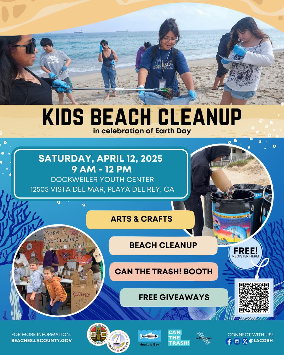 In celebration of Earth Day, we are partnering with @healthebay to host a Kids Beach Cleanup event on Sat, 4/12, 9AM - 12PM at Dockweiler Beach. This free event will also feature an arts &amp; crafts station, free giveaways, and our #CanTheTrash booth. 
 
✨beaches.lacounty.gov