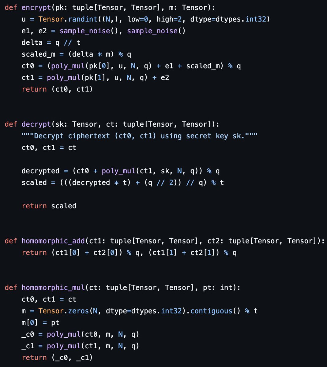 BFV FHE scheme purely in <a href="/__tinygrad__/">the tiny corp</a>  github.com/0xWOLAND/tinyb… in &lt;100 lines