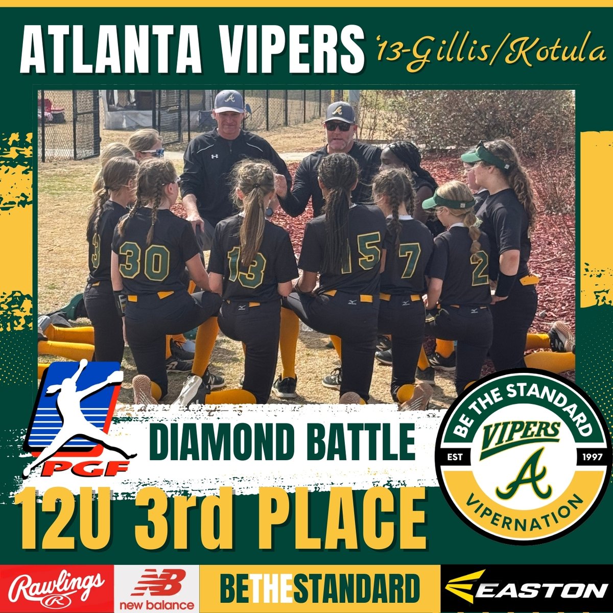 thevipernation's tweet photo. Congrats to the Atlanta Vipers '13 - Gillis/Kotula &amp; '12 - Trahan teams for their strong performances at PGF - Diamond Battle! Both teams made it to the Gold bracket and tied for 3rd! Way to go, teams!! #bethestandard

@ExtraInningSB @LineDsoftball @PGFnetwork @EastonFastpitch https://t.co/79ujOnsyFo