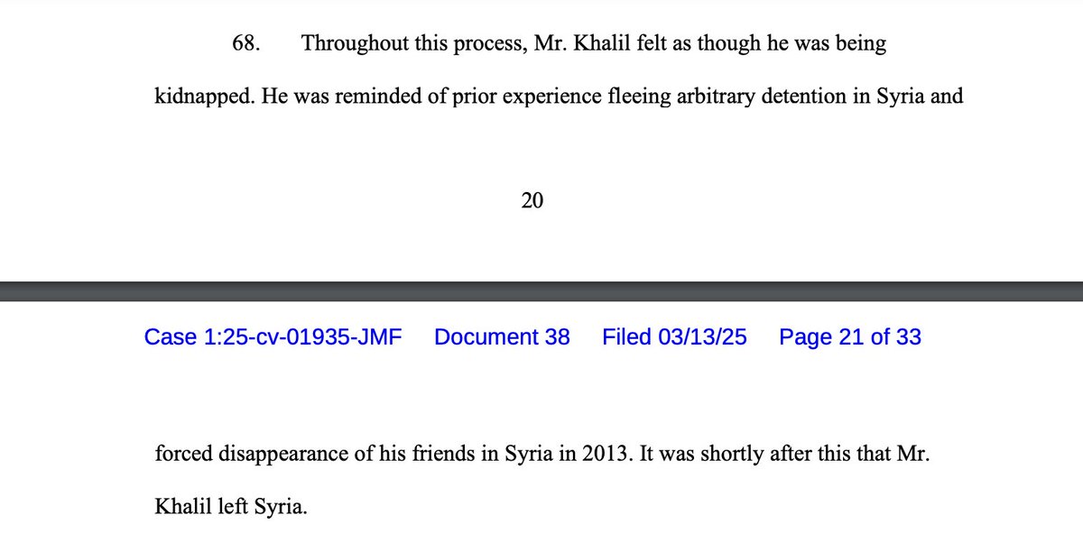 "Mr. Khalil felt as though he was being kidnapped. He was reminded of prior experience fleeing arbitrary detention in Syria and forced disappearance of his friends in Syria in 2013. It was shortly after this that Mr. Khalil left Syria."

There is no more damning indictment.