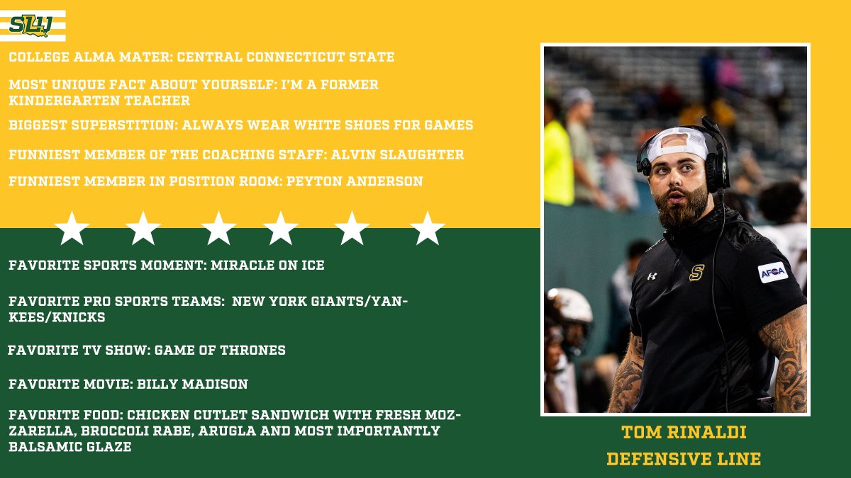 Our latest <a href="/LionUpFootball/">Southeastern Football</a> Spring Coaching Spotlight is Tom Rinaldi! The Waterbury, Connecticut native played baseball at his alma mater Central Connecticut State and coaches the SLU defensive line. 

#LionUp