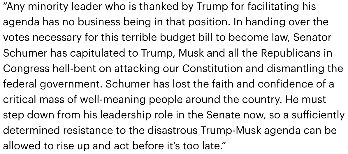 🚨 BREAKING 🚨 The Senate just passed the dirty Republican spending bill, giving Musk and Trump free rein to dismantle, loot and privatize critical programs that protect our food, water, health and climate. 

Rather than leading the Senate opposition to this bad deal, <a href="/SenSchumer/">Chuck Schumer</a>