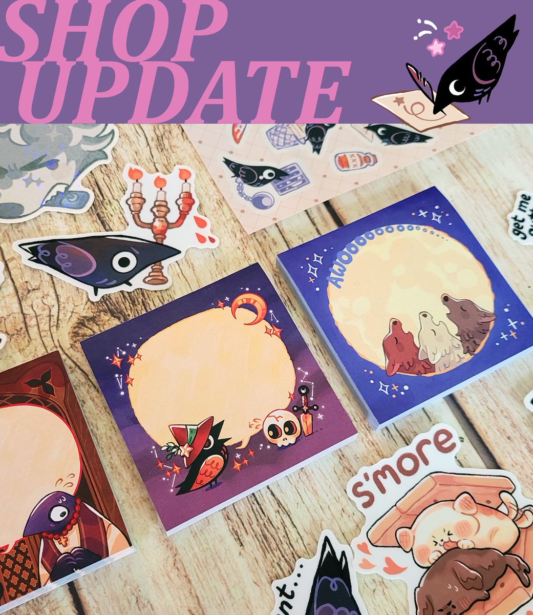 ginsays's tweet image. 🌟Shop Update!! 🐺
🔗link below 👇
🔪Got some sharp stationery and stickers for y'all! Mostly featuring some Crow Criminals and Dagger Dogs (and a few other doggos as well) #smallbusiness