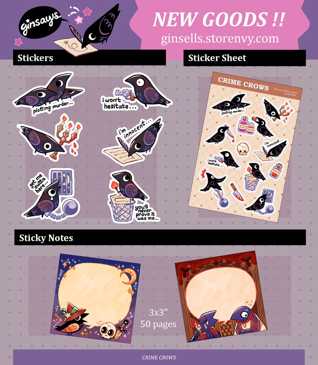ginsays's tweet image. 🌟Shop Update!! 🐺
🔗link below 👇
🔪Got some sharp stationery and stickers for y'all! Mostly featuring some Crow Criminals and Dagger Dogs (and a few other doggos as well) #smallbusiness