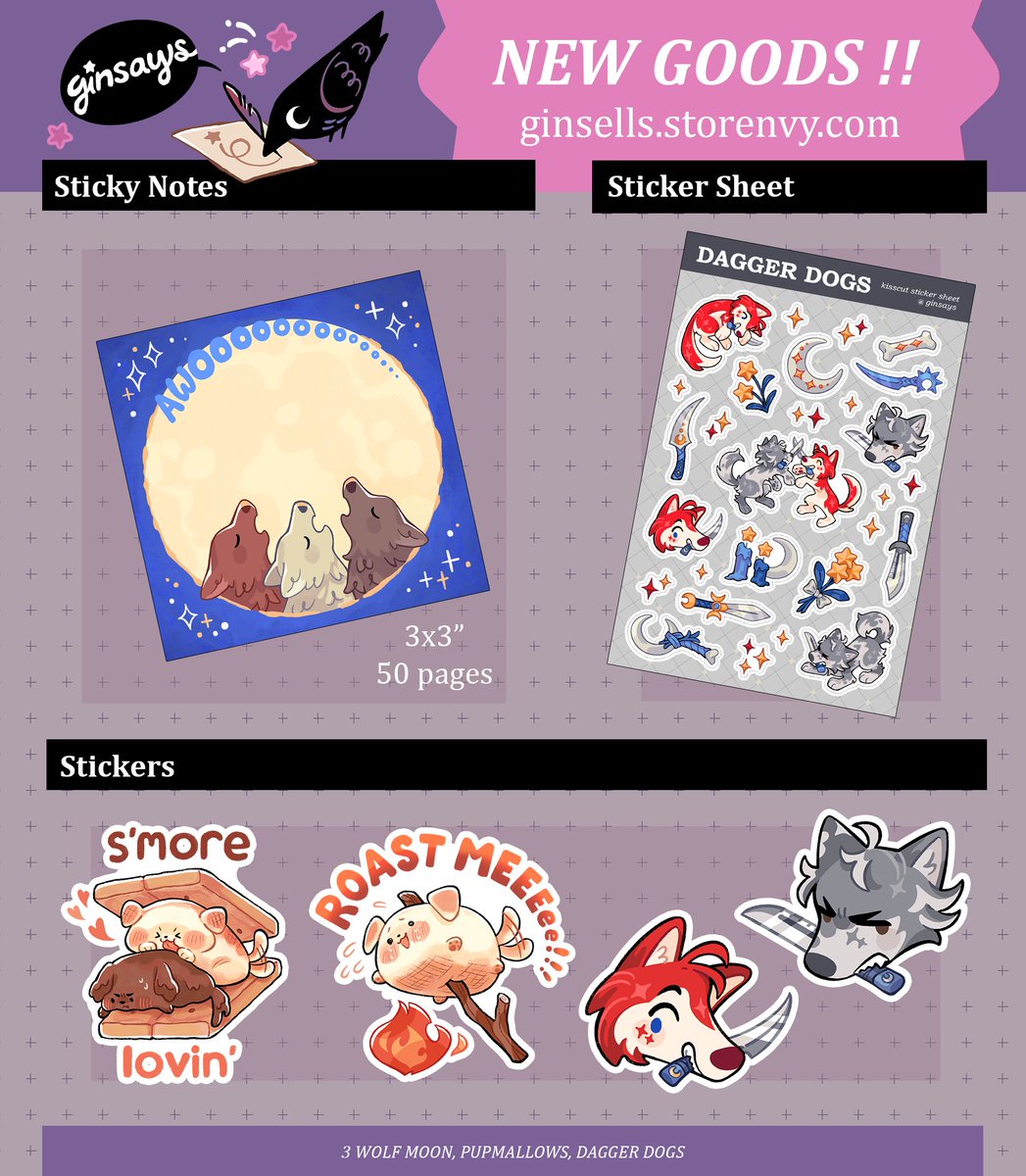 ginsays's tweet image. 🌟Shop Update!! 🐺
🔗link below 👇
🔪Got some sharp stationery and stickers for y'all! Mostly featuring some Crow Criminals and Dagger Dogs (and a few other doggos as well) #smallbusiness