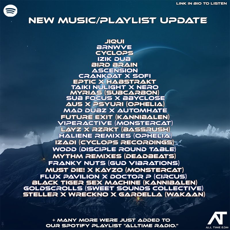 AllTime EDM (@alltimeedm) on Twitter photo New Music Friday! 🎶
<a href="/izikdub/">iZIK👁️🗨️</a>
<a href="/jiquiofficial/">Jiqui</a>
<a href="/Viperactive/">Viperactive</a>
<a href="/izadiofficial/">izadi 👁️</a>
<a href="/GoldScrolls/">GoldScrolls</a>
<a href="/thisiscyclops/">CYCLOPS</a>
<a href="/OfficialBTSM/">Black Tiger Sex Machine</a>
<a href="/Its_Ascension/">Ascension Music</a>
<a href="/futureexitCAN/">FUTURE EXIT</a>
<a href="/FRANKYNUTS/">FRANKY NUTS</a>
@brainwavedubs
<a href="/WODDOFFICIAL/">WODD</a>
<a href="/Eptic/">EPTIC</a> x Habstrakt
<a href="/HALIENE/">ℍ𝔸𝕃𝕀𝔼ℕ𝔼</a> Remixes
<a href="/mythmofficial/">myth</a> Remixes
<a href="/crankdat/">crankdat</a> x New Music Friday! 🎶
<a href="/izikdub/">iZIK👁️🗨️</a>
<a href="/jiquiofficial/">Jiqui</a>
<a href="/Viperactive/">Viperactive</a>
<a href="/izadiofficial/">izadi 👁️</a>
<a href="/GoldScrolls/">GoldScrolls</a>
<a href="/thisiscyclops/">CYCLOPS</a>
<a href="/OfficialBTSM/">Black Tiger Sex Machine</a>
<a href="/Its_Ascension/">Ascension Music</a>
<a href="/futureexitCAN/">FUTURE EXIT</a>
<a href="/FRANKYNUTS/">FRANKY NUTS</a>
@brainwavedubs
<a href="/WODDOFFICIAL/">WODD</a>
<a href="/Eptic/">EPTIC</a> x Habstrakt
<a href="/HALIENE/">ℍ𝔸𝕃𝕀𝔼ℕ𝔼</a> Remixes
<a href="/mythmofficial/">myth</a> Remixes
<a href="/crankdat/">crankdat</a> x