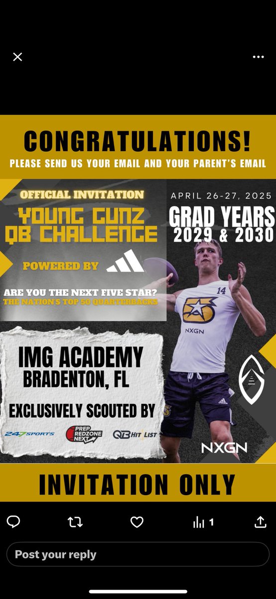 Blessed to be invited to <a href="/NxgnCamps/">NXGN Camps, Inc</a> Young Gunz QB Challenge!
<a href="/CoachAdamGaylor/">Adam Gaylor</a> <a href="/chronister5/">Tyler Chronister</a> <a href="/_CoachGreenwood/">Doug Greenwood</a> <a href="/RecruitJenksFB/">Recruit Jenks FB</a> <a href="/QBHitList/">QBHitList.com</a> <a href="/PrepRedzoneOK/">Prep Redzone Oklahoma</a> <a href="/landismorris_iv/">Coach Morris</a>