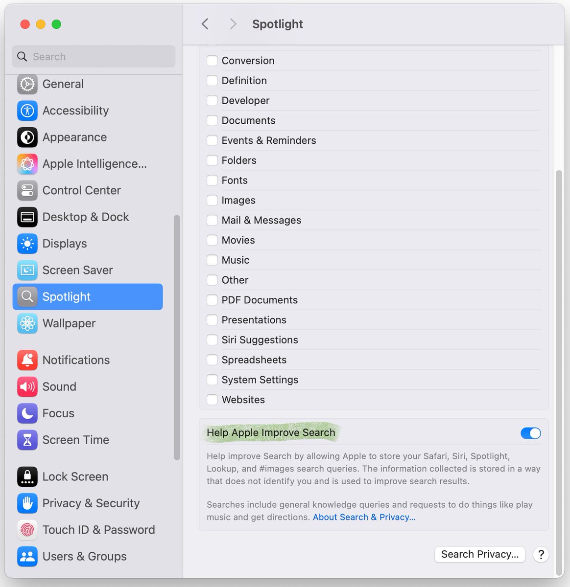 By default, the searches you enter into Safari and Spotlight on both your #iPhone and Mac are sent to #Apple in a way that is not linked to you.
To disable it, go to:
Settings > Search (on a Mac, Settings > Spotlight) and toggle the switch off.
#Privacy
