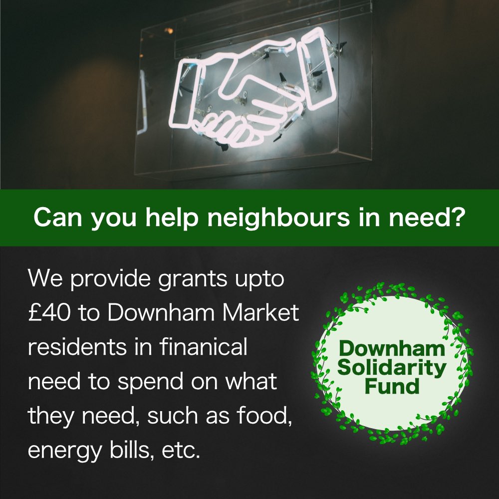 Downham Solidarity Fund is mutual aid, neighbours helping neighbours, like we saw during covid. Started in response to the cost of living crisis, we provide emergency grants to people who need financial support. Funded by donations within our community. opencollective.com/downhamsolidar…