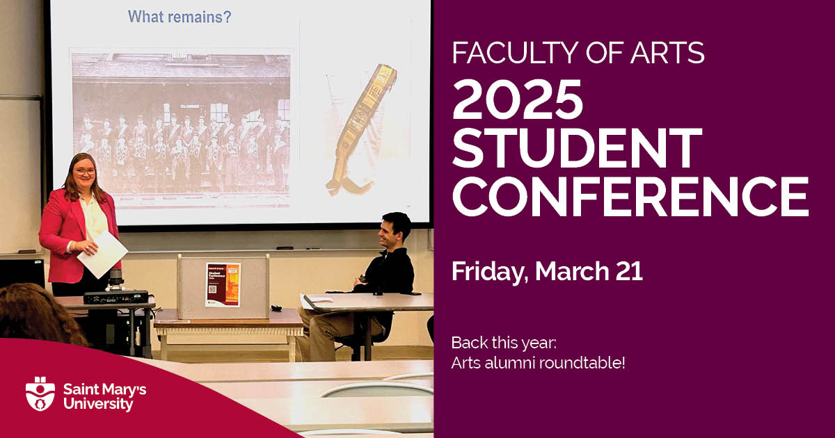 Join us March 21 for our Faculty of Arts Student Conference at <a href="/smuhalifax/">Saint Mary’s University</a>! The program includes a <a href="/SMUAlumniHfx/">SMU Alumni</a> roundtable plus student panels on Art, Gender &amp; Sexuality; Public Infrastructure in the Maritimes; Difficult Heritage and more. loom.ly/VU6X0tI #artswithimpact