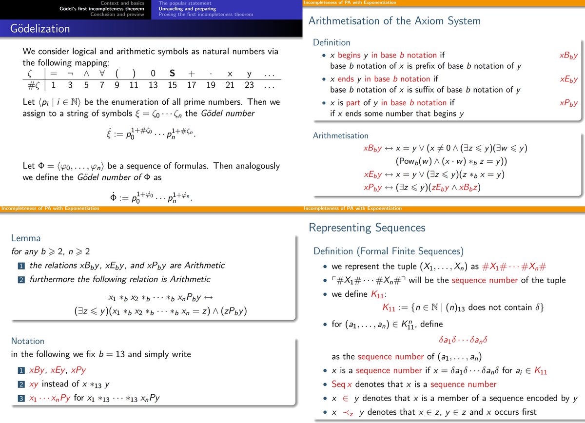 ModalMetamodel's tweet image. Arithmetisation of syntax is usually realised through Gödel-encoding with prime factorisation, but it’s more complicated within PA.
Try to think of a way to express ‘the exponent of prime p in factorisation of n is k’ as a predicate with three variables (p,n,k) in PA’s language.