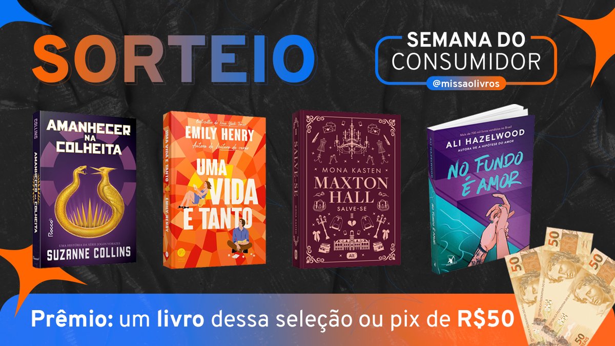Missão Livros Baratos 📚🚨 (@missaolivros) on Twitter photo 🔥 SORTEIO #SemanaDoConsumidor
📕 Prêmio: PIX de R$ 50 ou um livro dessa super seleção
Regras:
👉 Seguir <a href="/missaolivros/">Missão Livros Baratos 📚🚨</a>
👉 RT e LIKE nesse post
👉 Entrar no Telegram t.me/missaolivrosba…
✨ Resultado: 21/03 - Boa sorte! 🍀 🔥 SORTEIO #SemanaDoConsumidor
📕 Prêmio: PIX de R$ 50 ou um livro dessa super seleção
Regras:
👉 Seguir <a href="/missaolivros/">Missão Livros Baratos 📚🚨</a>
👉 RT e LIKE nesse post
👉 Entrar no Telegram t.me/missaolivrosba…
✨ Resultado: 21/03 - Boa sorte! 🍀