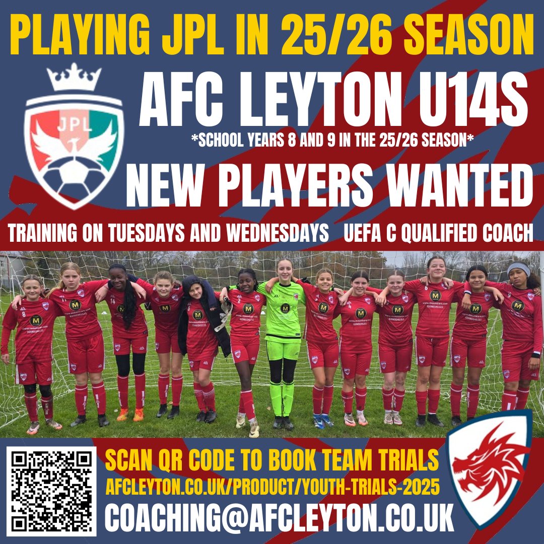 New players wanted to expand our friendly AFC Leyton U14s squad for the 25/26 season in the JPL (School years 8 and 9 in the 25/26 season)

Scan the QR code to book team trials, or visit afcleyton.co.uk/product/youth-… 

#afcleyton #youthfootballtrials #girlsfootball #girlsfootballtrials