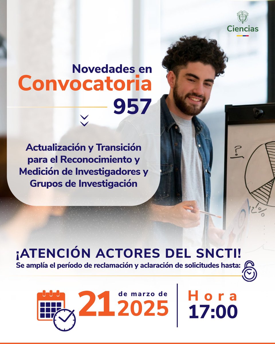MincienciasCo's tweet photo. Queremos informarte que hemos ampliado hasta el 21 de marzo 2025 a las 17:00 horas, el período de reclamación y aclaración de solicitudes de la Convocatoria Nacional de Actualización y Transición para el Reconocimiento y Medición de Grupos de Investigación…

Sigue el hilo👇🏽🧵 https://t.co/MUiFf96wT2