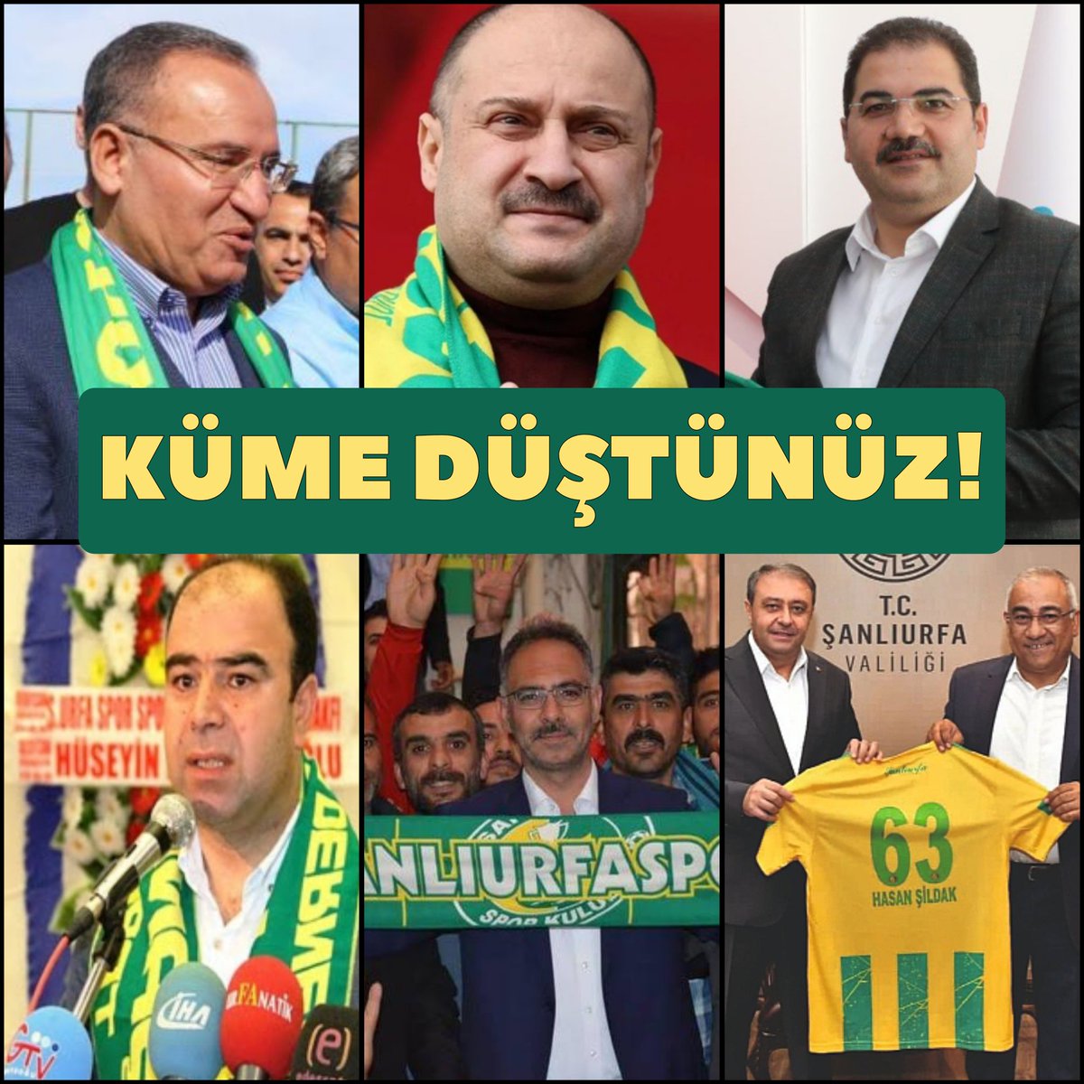 2.5 milyonluk şehir, sahipsiz bırakılan bir takım! 

#Şanlıurfaspor küme düştü, seçim sürecinde Şanlıurfaspor atkısını boynundan düşürmeyenler, koltuğa oturur oturmaz Şanlıurfaspor’a sırtını dönenler bugün KÜME DÜŞTÜNÜZ!