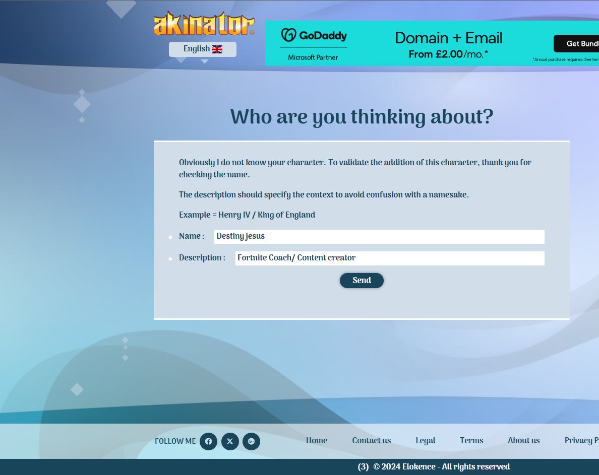 Putting <a href="/DestinysJesus/">Destiny</a> on the map, akinator didnt know who you were but does now (Give me MC for free)