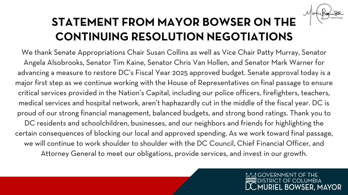 Mayor Muriel Bowser (@mayorbowser) on Twitter photo We thank Senate Appropriations Chair <a href="/SenatorCollins/">Sen. Susan Collins</a>, cosponsors, as well as DC residents, schoolchildren, businesses, and our neighbors and friends.
Mayor Bowser released the following statement on the continuing resolution negotiations: We thank Senate Appropriations Chair <a href="/SenatorCollins/">Sen. Susan Collins</a>, cosponsors, as well as DC residents, schoolchildren, businesses, and our neighbors and friends.
Mayor Bowser released the following statement on the continuing resolution negotiations: