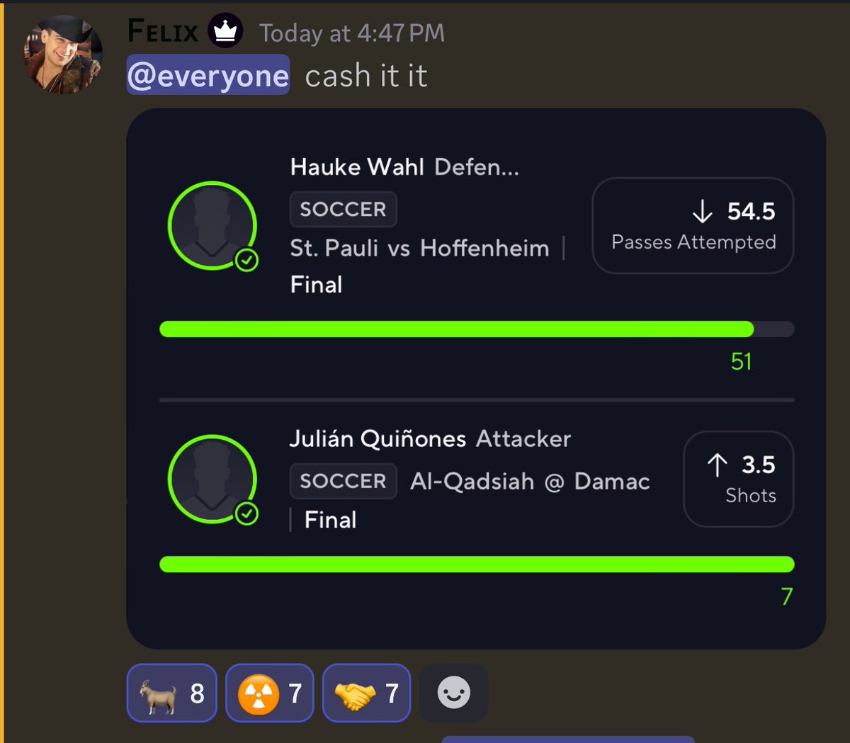 el_mago_los44's tweet photo. 1st day of premium !! What a wonderful day !! 
Round robin 🧹🧹🧹🚨🚨🚨
We stay eating in Top Bins FC!!

@FR_Props cash his soccer p2 for today as well!!

What y’all waiting for!!! Weekend p2s  & protected Friday flex to be posted tonight !

Sign up for free trial! Link below 
After 1 week, 5 a week or 20 a month!!

https://t.co/IF60XBLT6a

Link your discord to Dubclub once you sign up to get access!

Retweet, share and like! 

#soccer #discord #GamblingX #PrizePicks
