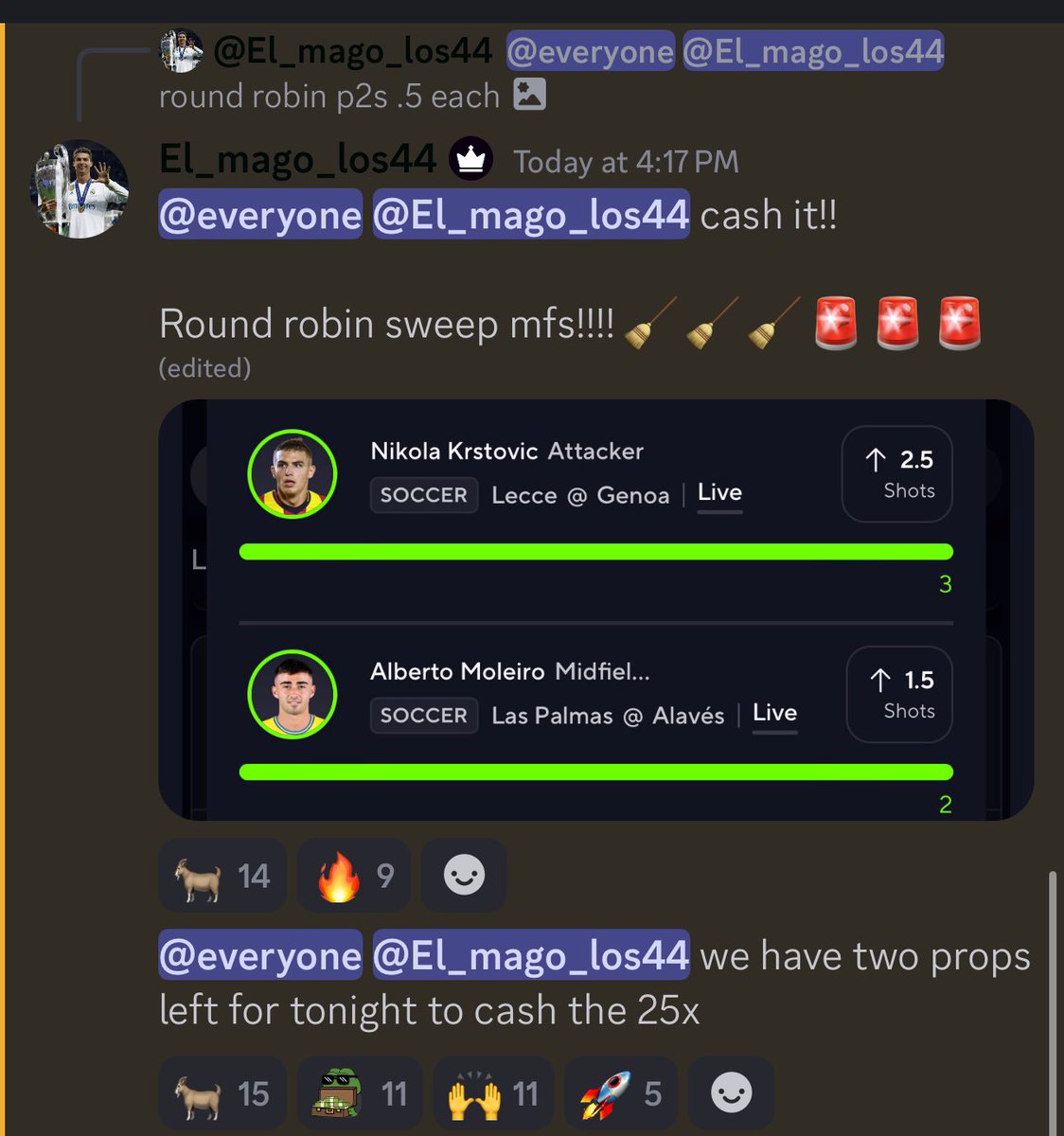 el_mago_los44's tweet photo. 1st day of premium !! What a wonderful day !! 
Round robin 🧹🧹🧹🚨🚨🚨
We stay eating in Top Bins FC!!

@FR_Props cash his soccer p2 for today as well!!

What y’all waiting for!!! Weekend p2s  & protected Friday flex to be posted tonight !

Sign up for free trial! Link below 
After 1 week, 5 a week or 20 a month!!

https://t.co/IF60XBLT6a

Link your discord to Dubclub once you sign up to get access!

Retweet, share and like! 

#soccer #discord #GamblingX #PrizePicks