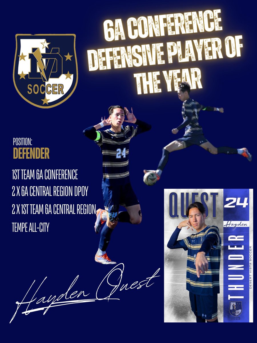 Desert Vista Men’s Soccer (@dvmensoccer) on Twitter photo Congrats to the 6A Conference Defensive Player of the Year!
Hayden Quest
Hayden is also recognized on the 6A Conference 1st Team.
<a href="/theDVway/">Desert Vista Athletics</a> <a href="/DVHS_TUHSD/">Desert Vista High School</a> <a href="/huffine_tuhsd/">David Huffine</a> <a href="/CoachElliott13/">Trent Elliott</a> Congrats to the 6A Conference Defensive Player of the Year!
Hayden Quest
Hayden is also recognized on the 6A Conference 1st Team.
<a href="/theDVway/">Desert Vista Athletics</a> <a href="/DVHS_TUHSD/">Desert Vista High School</a> <a href="/huffine_tuhsd/">David Huffine</a> <a href="/CoachElliott13/">Trent Elliott</a>