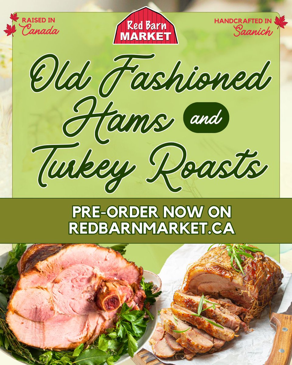 Easter is just around the corner! 🐰🌼 Make your holiday meal extra special with our Old Fashioned Smokehouse Hams or Turkey Roasts, crafted with care by our expert team in Saanich using Canadian-raised meats. 🇨🇦 

Secure yours today: redbarnmarket.ca/barn-buzz/prom…