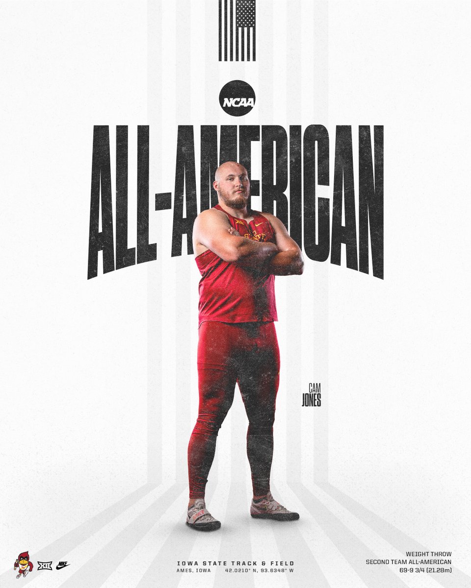 CycloneTrackXC's tweet photo. 5x All-American.

Cam Jones finishes 13th in the weight throw with 69-9 3/4 (21.28m) for Second Team All-America, his fifth career All-America honor and third in the weight throw.

#CycloneSZN https://t.co/9iKkPE9VJX