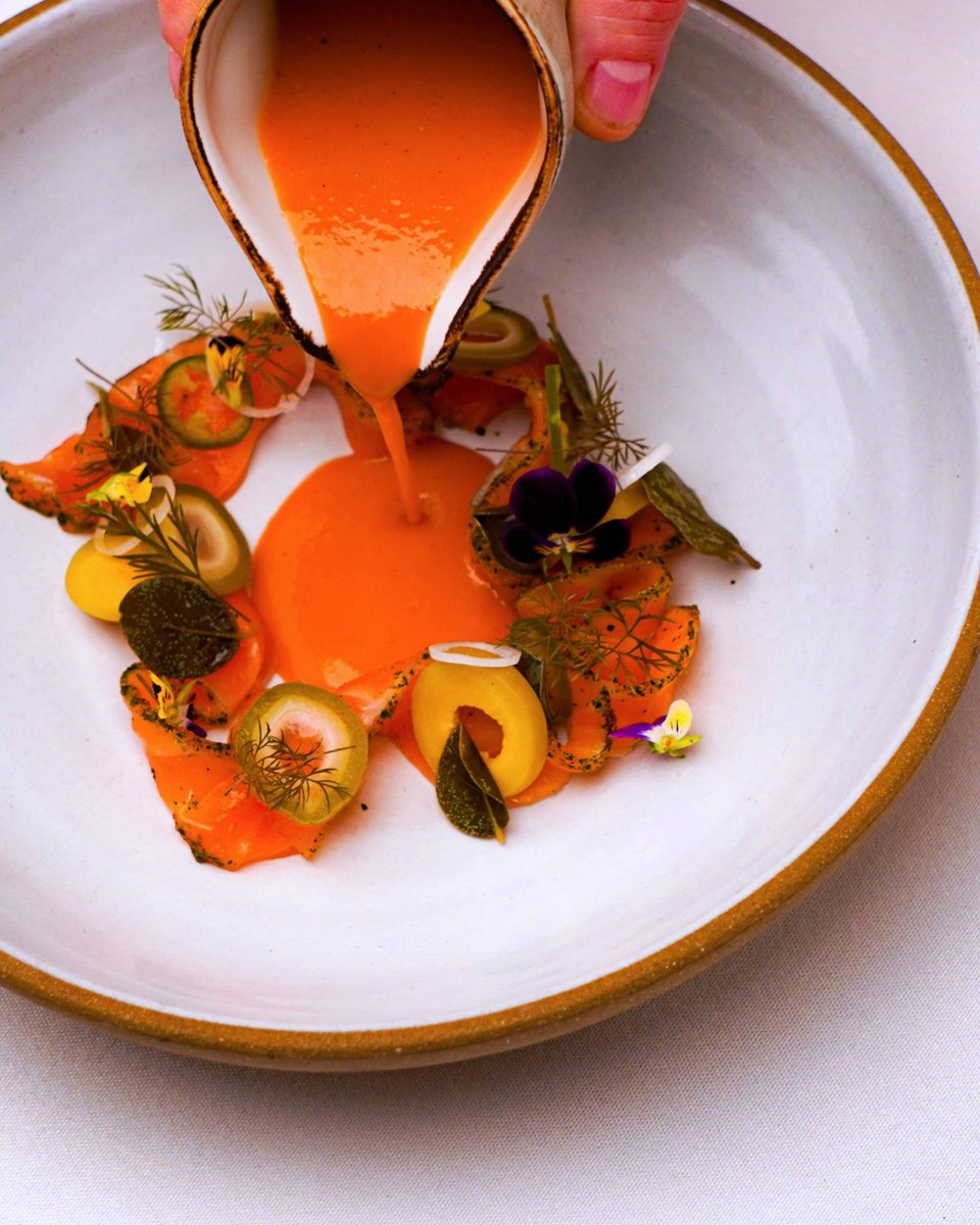 Book your trip now at exploretock.com/topolobampo/

SALMON, SABORES A MINILLA | Ora King Salmon cured with fresh California bay laurel,  flavors of minilla (tomato, jalapeño, olive, caper), olive-cured green almonds, flowers, herbs. Mandinga, Veracruz