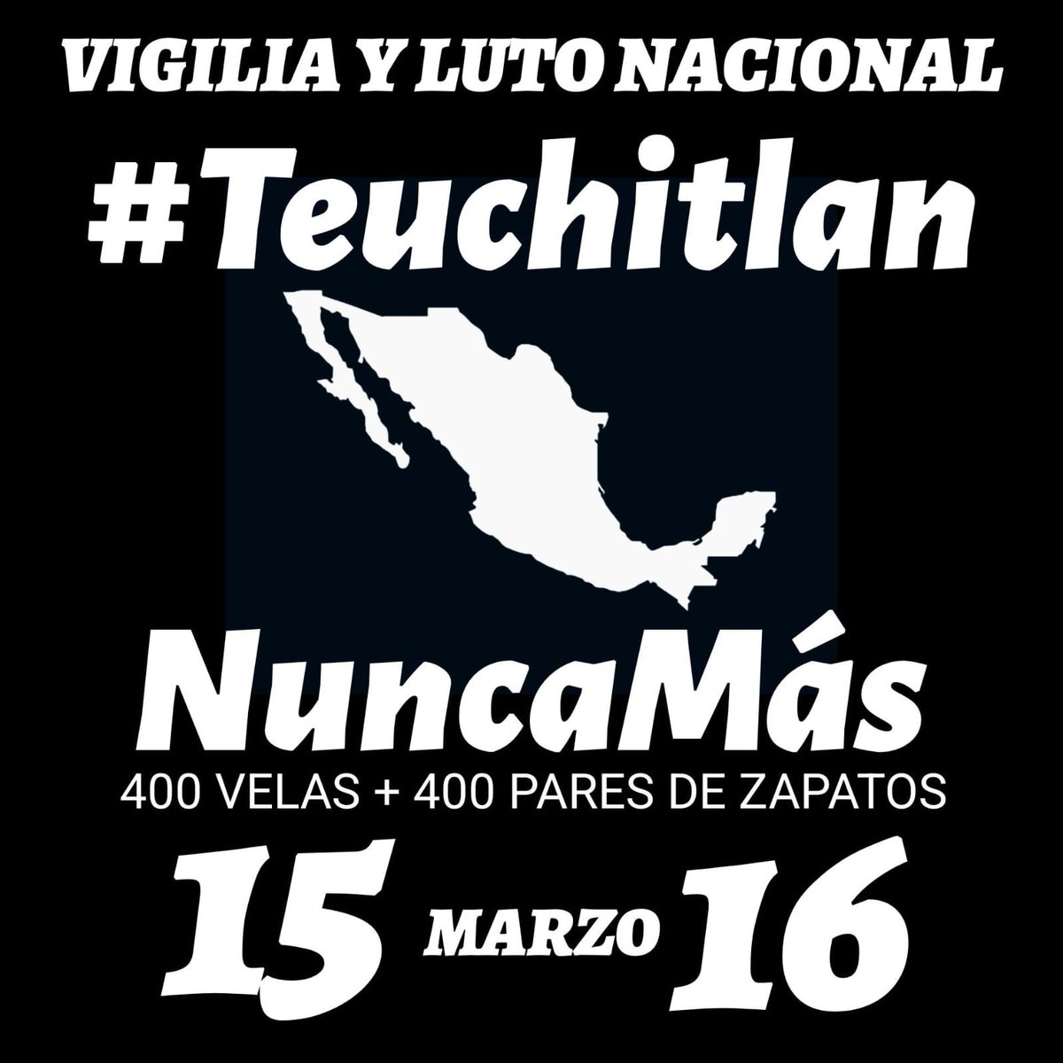 efectocolmenamx's tweet photo. NOS UNIMOS a la “VIGILIA Y #LUTONACIONAL*

*#TeuchitlanNuncaMás*
400 velas + 400 pares de zapatos.
60 ciudades hasta hoy.

*VIERNES 14 MARZO*
🥾 *CHILPANCINGO, GRO.* Plaza Cívica Primer Congreso de Anáhuac, 5:00 pm
🥾 *GUADALAJARA, JAL.* Glorieta de las y los Desaparecidos, Misa, 4:00 pm

*SÁBADO 15 MARZO*
🥾 *ACAPULCO, GRO.* Antimonumento "La Esperanza", frente a las ex oficinas del Periódico Novedades, en Costera Miguel Alemán, 5:00 pm
🥾 *AGUASCALIENTES, AGS.* Exedra, 5:00 pm
🥾 *APATZINGÁN, MICH.* Biblioteca Municipal, 5:00 pm
🥾 *BARCELONA, ESPAÑA.* Consulado de México, Pg. de la Bonanova, 55, Santià-Sant Gervasi, 5:00 pm
🥾 *CDMX,* Catedral Metropolitana, Zócalo, MISA, 3:00 pm
🥾 *CDMX,* Zócalo 5:00 pm
🥾 *CD. JUÁREZ, CHIH.* Memorial Permanente de Personas Desaparecidas, Parque Borunda, 5:00 pm
🥾 *CHIHUAHUA, CHIH.* Memorial Cruz de Clavos, Plaza Hidalgo, Calle Aldama, 5:00 pm
🥾 *CHILPANCINGO, GRO.* Zócalo, 5:00-7:00 pm
🥾 *COLIMA, COL.* Plaza de las y los Desaparecidos, Av. Galván, Centro, 4:30 pm
🥾 *COMITÁN, CHIS* Parque Central, Frente a la Presidencia Municipal, 5:00 pm
🥾 *CUAUTLA, MOR* Plaza y Fuerte Galeana, 5:00 pm
🥾 *CUERNAVACA, MOR.* Zócalo, Frente al Memorial a las Víctimas, 4:30 pm
🥾 *CULIACAN, SIN.*  Escalinatas de Catedral, 10:00 am
🥾 *CULIACÁN, SIN.* Jardín de la Memoria. Calle Rafael Buelna esq. Vicente Guerrero, a un costado del Parque Constitución, 4:00 pm
🥾 *DURANGO, DGO.* Plaza Fundadores, 7:00 pm
🥾 *ENCARNACIÓN DE DIAZ, JAL.* Palacio de Gobierno, 6:00 pm
🥾 *FRESNILLO, ZAC.* Jardín Obelisco, 5:00 pm
🥾 *GUADALAJARA, JAL.* Palacio de Gobierno, Zona Centro, 5:00 pm
🥾 *GUADALAJARA, JAL.* Glorieta de las y los Desaparecidos, 6:00 pm
🥾 *GUANAJUATO, GTO.* Teatro Juárez, 5:00 pm
🥾 *HERMOSILLO, SON.* Plaza Emiliana de Zubeldía (Enseguida del Monumento de la Guardería ABC), 6:00 pm
🥾 *IRAPUATO, GTO.* Plaza de los Fundadores, 5:00 pm
🥾 *JALPAN DE SERRA, QRO.* Explanada del Monumento a Fray Junípero Serra, sobre la carretera Jalpan - Xilitla, 10 pm
🥾 *JEREZ, ZAC.* Jardín Hidalgo, 5:00 pm
🥾 *LAGOS DE MORENO, JAL.* Jardín de los Constituyentes, Centro, 6:00 pm
🥾 *MADRID, ESPAÑA.* Embajada de México, Cra. de San Jerónimo, 46, 5:00 pm
🥾 *MAZATLÁN, SIN.* Plazuela República, 4:00 pm
🥾 *MÉRIDA, YUC.* Plaza Grande, 5:00 pm
🥾 *MOCHIS, SIN.* Plaza "Los Caballos" Blvd. Rosendo G. Castro entre Emiliano Zapata y Santos Degollado, 5:30 pm
🥾 *MOCHIS, SIN.* Plaza de la Solidaridad, Rosendo G. Castro, entre Degollado y Niños Héroes, 6:30 pm
🥾 *MONTERREY, NL.* Frente a Palacio de Gobierno de Nuevo León, 5:00 pm
🥾 *MORELIA, MICH.* Plaza de Armas, 5:00 pm
🥾 *OAXACA, OAX.* Frente a Palacio de Gobierno, 4:00 pm
🥾 *ORIZABA, VER.* Plaza de los Dolores, Rezo del Santo Rosario, 11:00 am
🥾 *PACHUCA, HGO.* Plaza Hidalgo, 5:00 pm
🥾 *PIEDRAS NEGRAS, COAH.* Letras de Piedras Negras, Gran Plaza, 5:00 pm
🥾 *PUEBLA, PUE.* Árbol de la esperanza, Zócalo, 5:00 pm
🥾 *QUERÉTARO, QRO.* Frente a Palacio de Gobierno, 5:00 pm
🥾 *REYNOSA, TAMPS.* Plaza Principal, 7:00 pm
🥾 *SALAMANCA, GTO.* Kiosko del Jardín Principal, 5:00 pm
🥾 *SALTILLO, COAH.* Árbol de la Esperanza, Plaza de Armas, 5:00 pm
🥾 *SAN LUIS POTOSÍ, SLP.* Plaza de Armas, 4:30 pm
🥾 *TAMPICO, TAMPS.* Plaza de Armas, 5:00 pm
🥾 *TAPACHULA, CHIS.* Frente al Palacio Municipal, 5:00 pm
🥾 *TEPIC, NAY.* Plaza Benito Juárez, (antes Bicentenario), 5:00 pm
🥾 *TIJUANA, BC,* Glorieta Cuauhtémoc, 5:00 pm
🥾 *TOLUCA, EDOMEX.* Zócalo, 4:00 pm
🥾 *TORREÓN, COAH.* Plaza Mayor, 5:00 pm
🥾 *VERACRUZ, VER.* En El Tranvía del Recuerdo, 5:00 pm
🥾 *VERACRUZ, VER.* Asta Bandera, 6:00 pm
🥾 *XALAPA, VER.* Plaza Regina (Plaza Lerdo), 5:00 pm
🥾 *ZACATECAS, ZAC.* Plaza Bicentenario, 5:00 pm
🥾 *ZACATECAS, ZAC.* Plazuela Francisco Goitya, 5:00 pm

*DOMINGO 16 MARZO*
🥾 *LEÓN, GTO.* Plaza de los Mártires, 11:00 am
🥾 *NEZA, EDOMEX.* Cruces Rosas, Frente al Palacio Municipal de Neza, 5:00 pm
🥾 *PUEBLA, PUE.* *#SeguridadParaPuebla* Zócalo, 9:30 am 
🥾 *TEUCHITLÁN, JAL.*