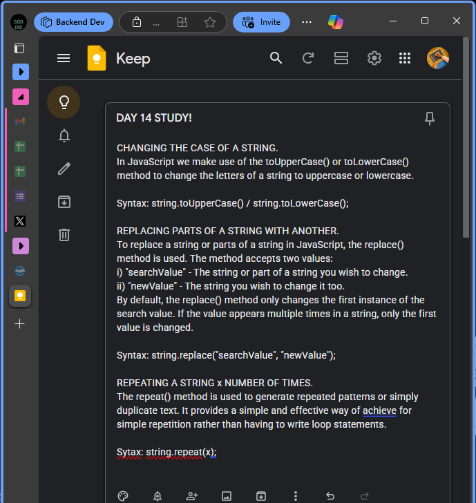 Gaius_Oreoluwa's tweet photo. Hello World! It's Day 14 of the #30DaysofLearningChallenge.
To finalize my learning on JS variables and strings, I learnt three powerful methods today. The repeat(), toUpperCase() and toLowerCase(), and the replace() method.
#myTechjourneywithM4ACE @for_M4ACE https://t.co/3DnDjNNvoN