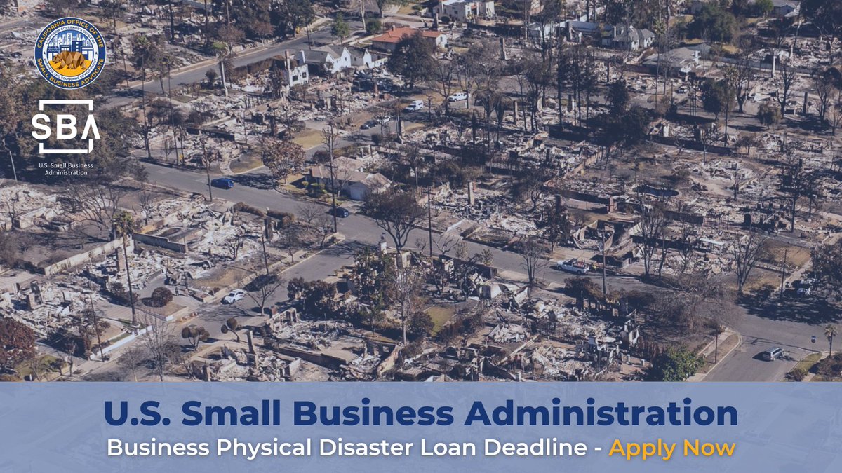 OutsmrtDisaster's tweet image. Was your business impacted by the LA Wildfires? There’s still time to apply for @SBAgov disaster loans to support recovery.
🔹Physical Damage Loans – New deadline: 3/31/25
🔹 Economic Injury Disaster Loans (EIDLs) – Deadline: 10/8/25
💻 Apply online: sba.gov/disaster