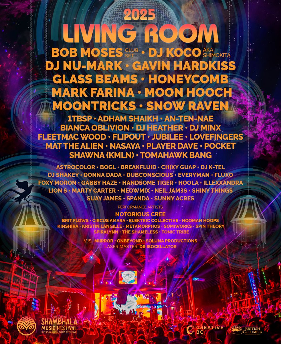 The Living Room Stage lineup at Shambhala just dropped!! Can’t wait to play alongside this wicked lineup at the majestic riverside in the mountains of beautfiul BC!! 🏔️🎶🔈