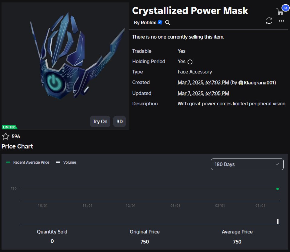 100TabbyCats's tweet image. Crystallized Power Mask has gone limited. First limited since january.
#roblox #robloxlimiteds #robloxtrading