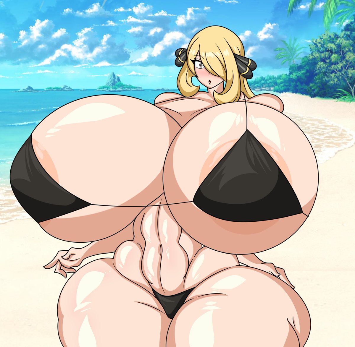 "The beautiful and elegant Cynthia, in the middle of her rest on the beach, noticed that you were spying on her, but who could blame you?"

Original Artist: <a href="/Choklit11/">TasteOfChoklit (Mii Arc)</a>