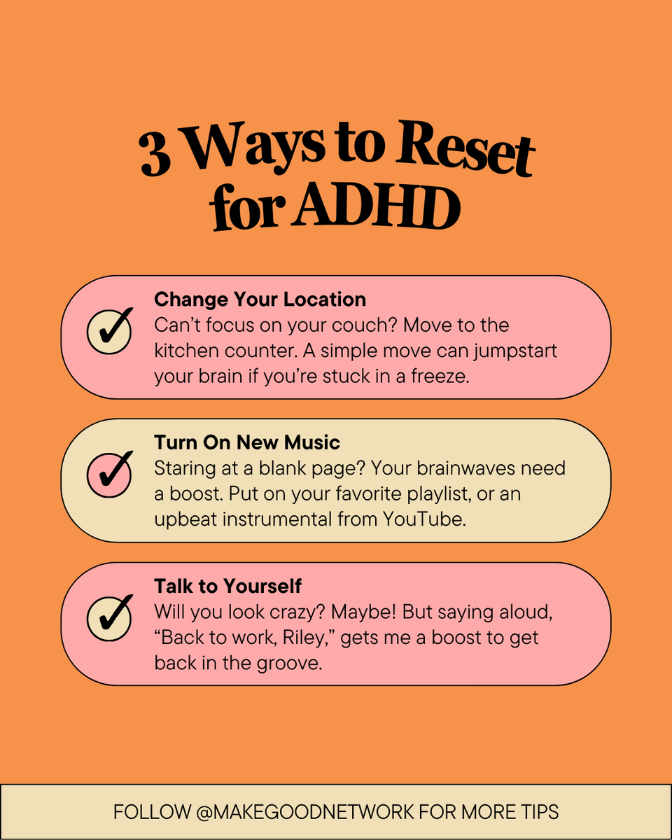 MakegoodNetwork's tweet image. If you're like me, your ADHD (or humanness) means you spend some time everyday staring at your screen in a freeze. Or, the Doom Scroll grabs all of your attention.

Here are 3 simple ways I shake myself out of an endless loop of doing nothing, so I can get back to what I love.