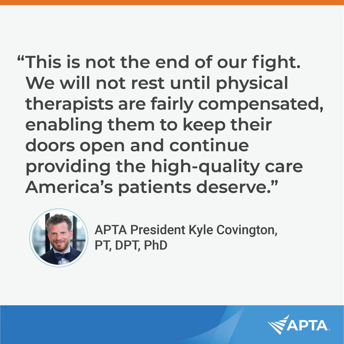 APTA_official's tweet photo. Congress has passed the 2025 spending bill, and it does NOT include a fix to the Medicare fee schedule. APTA President Kyle Covington, PT, DPT, PhD, released a statement calling for steadfast #PTadvocacy to hold Congress accountable for their inaction. https://t.co/R0de0jks6U https://t.co/vAAm8RlAnT
