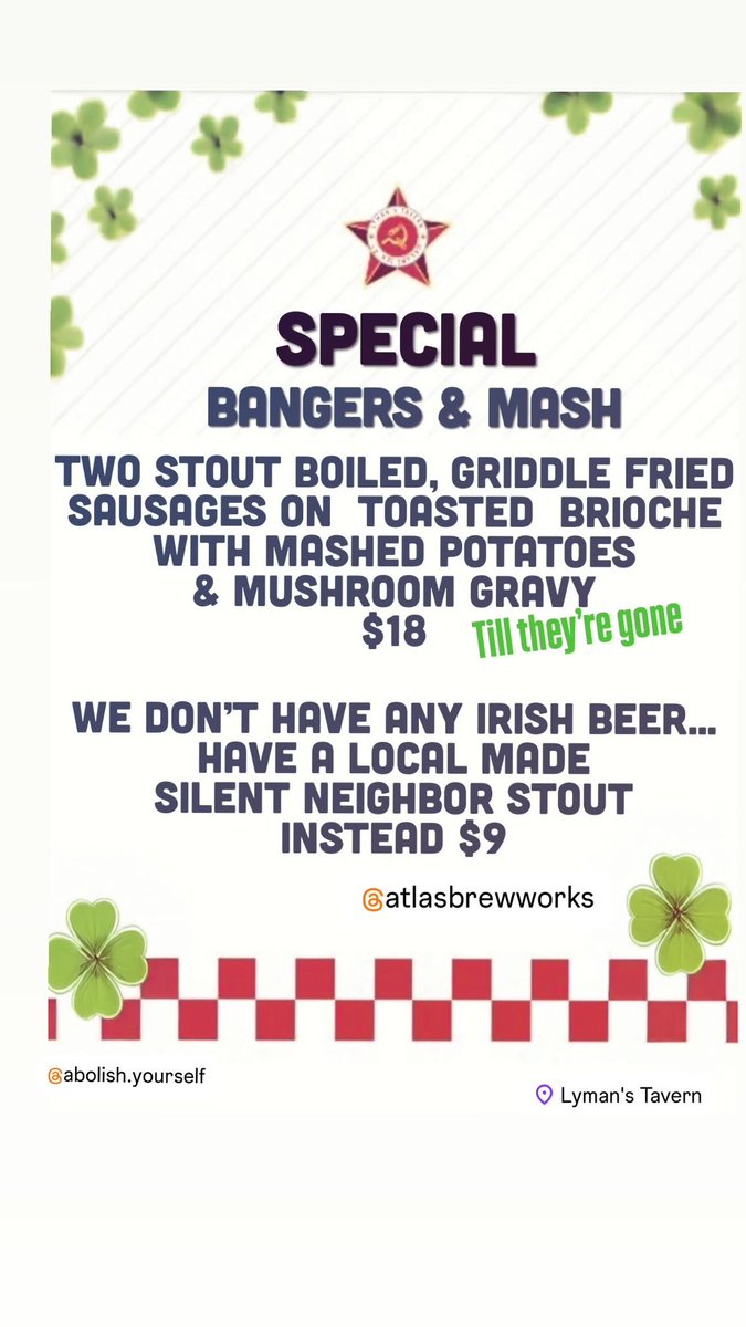 Lyman's Tavern (@lymanstaverndc) on Twitter photo We didn’t get any Irish beer but… have a <a href="/AtlasBrewWorks/">Atlas Brew Works</a> silent neighbor stout with them We didn’t get any Irish beer but… have a <a href="/AtlasBrewWorks/">Atlas Brew Works</a> silent neighbor stout with them