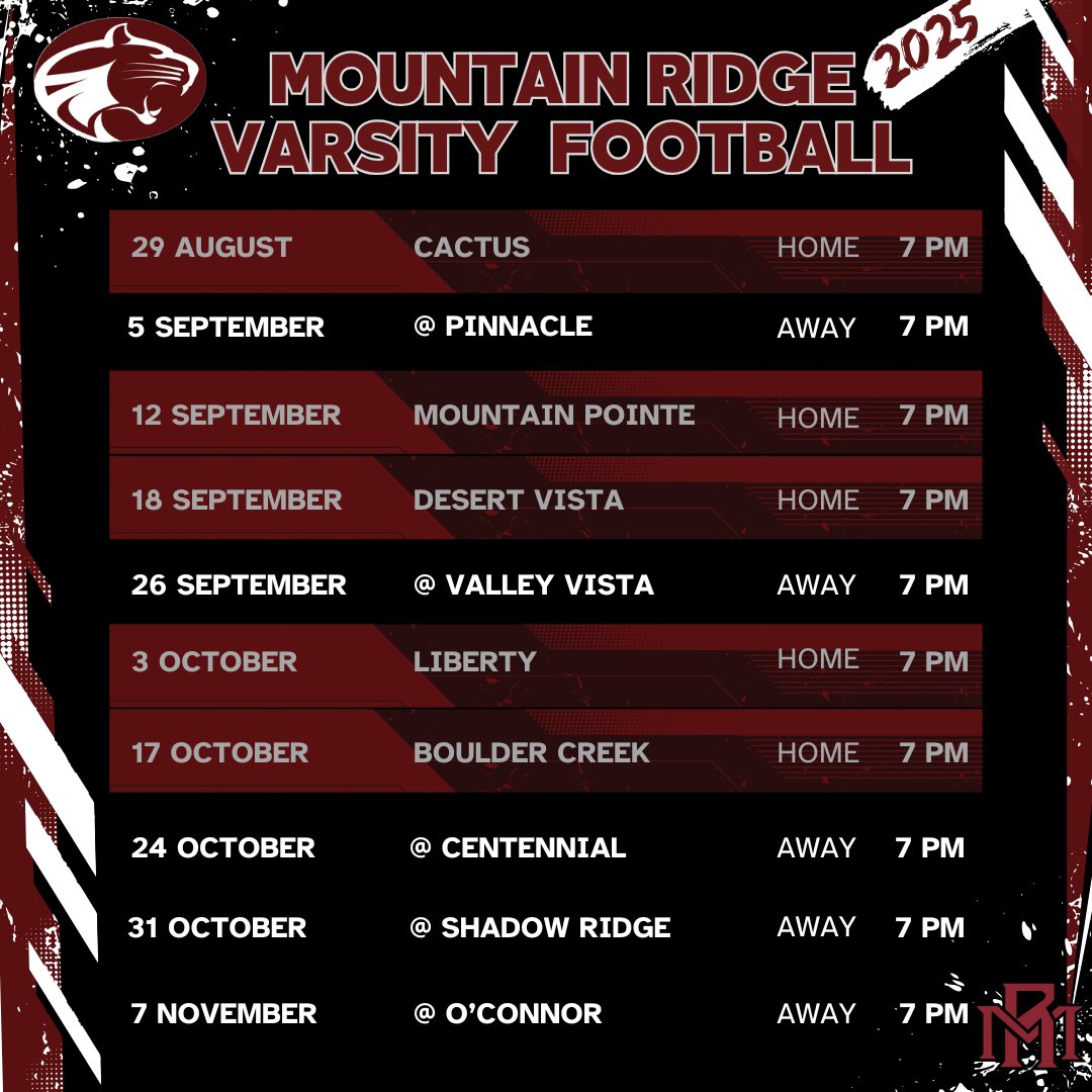 🚨Alert🚨
Mountain Ridge 2025 schedule Let’s get after it!! 

#rollridge #footballfamily #earnit