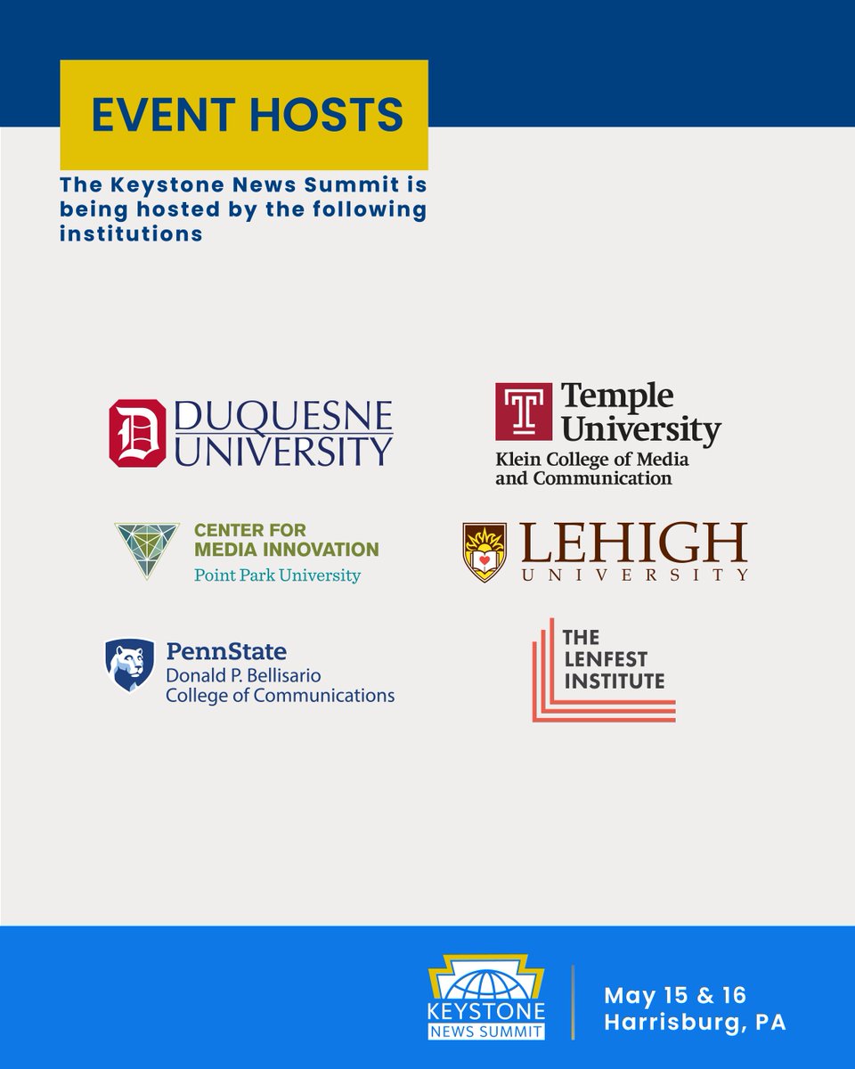 Keystone News Summit (@keystonenewssmt) on Twitter photo The Keystone News Summit is co-hosted by <a href="/duieijm/">IEIJM</a>, <a href="/TempleUniv/">Temple University</a>'s @tukleincollege, @psubellisario, @lehighu, <a href="/PointParkCMI/">Point Park Center for Media Innovation</a>, and <a href="/lenfestinst/">The Lenfest Institute for Journalism</a>. These institutions are committed to strengthening local journalism! See a full list of speakers and register today! keystonenewssummit.org The Keystone News Summit is co-hosted by <a href="/duieijm/">IEIJM</a>, <a href="/TempleUniv/">Temple University</a>'s @tukleincollege, @psubellisario, @lehighu, <a href="/PointParkCMI/">Point Park Center for Media Innovation</a>, and <a href="/lenfestinst/">The Lenfest Institute for Journalism</a>. These institutions are committed to strengthening local journalism! See a full list of speakers and register today! keystonenewssummit.org