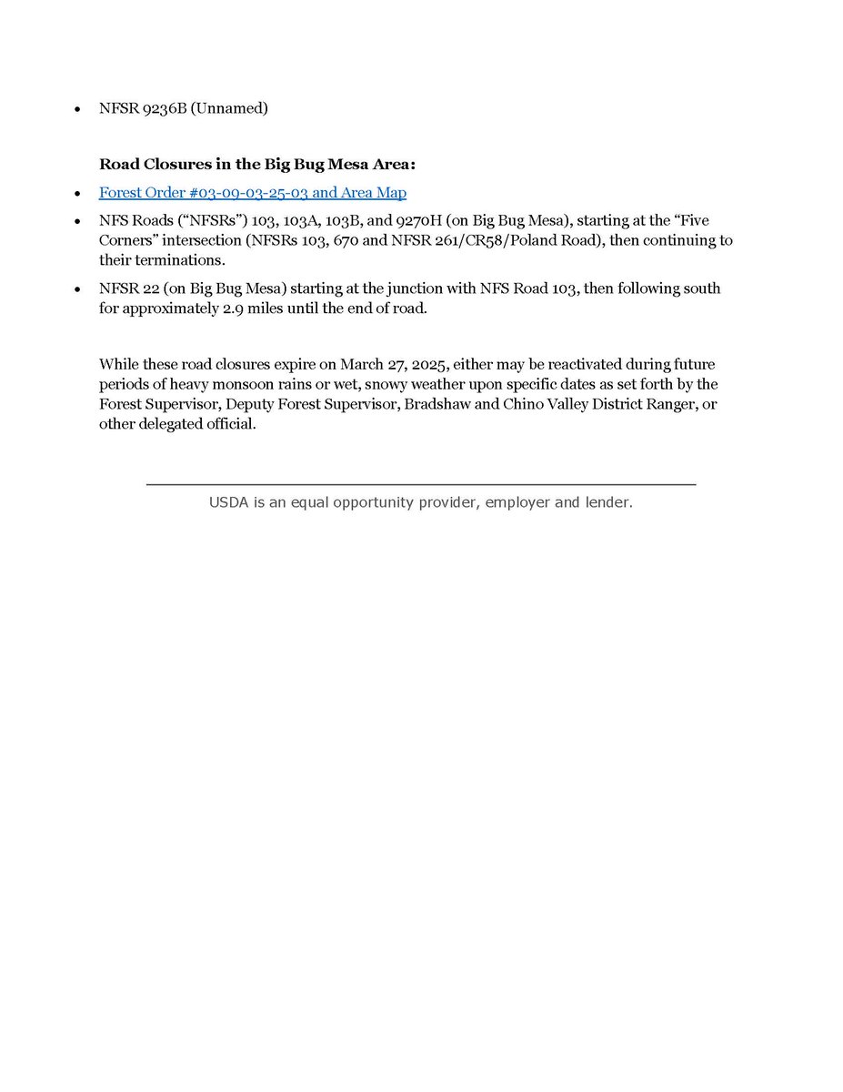 NOTIFICATION FOR PUBLIC HEALTH AND SAFETY: Weather-related road closure in effect: Senator Hwy, Horsethief Basin and Big Bug Mesa areas; News release dated 3/14/25: fs.usda.gov/detail/prescot…