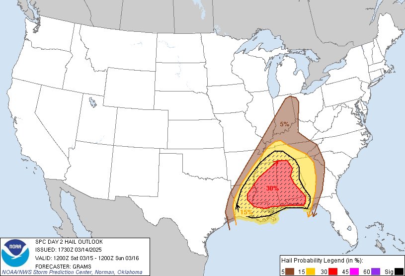 Outlooks from the Storm Prediction Center for Day 2 (Saturday March 15, 2025). This is NOT the weather system to mess around with. Be prepared to seek shelter if warranted.

#TNWX #ALWX #AmateurRadio #HamRadio #SevereWeather #KO4TJP #WSGW481