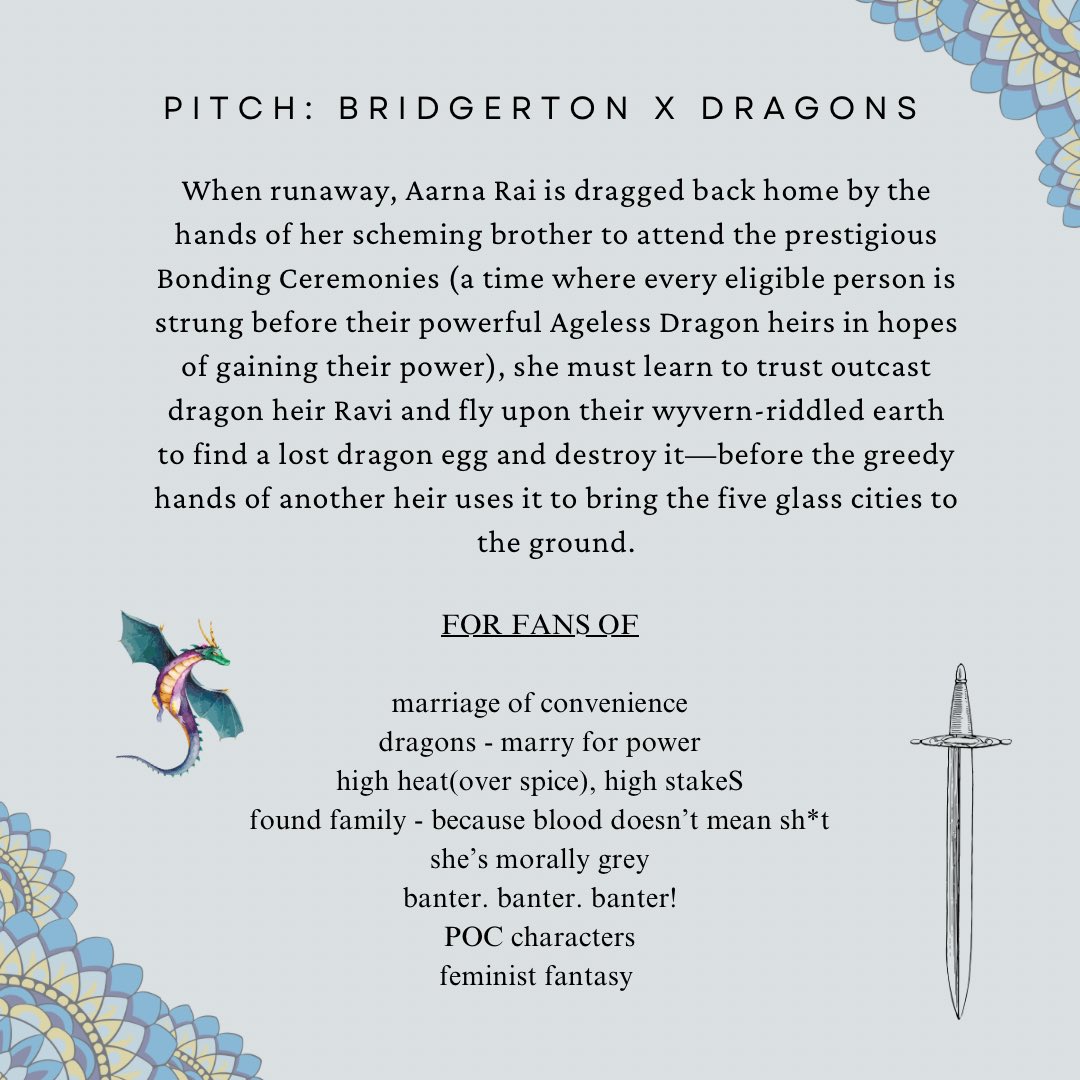 menakawrites_'s tweet image. BRIDGERTON x TRIAL OF THE SUN QUEEN
My #agentguide for my (nearly) #amquerying project!
A runaway and a dragon heir must marry and push aside their desires to overthrow a corrupt dragon bloodline or risk their glass cities falling to the ground.
❤️🔥 adult Romantasy
🪞 magic