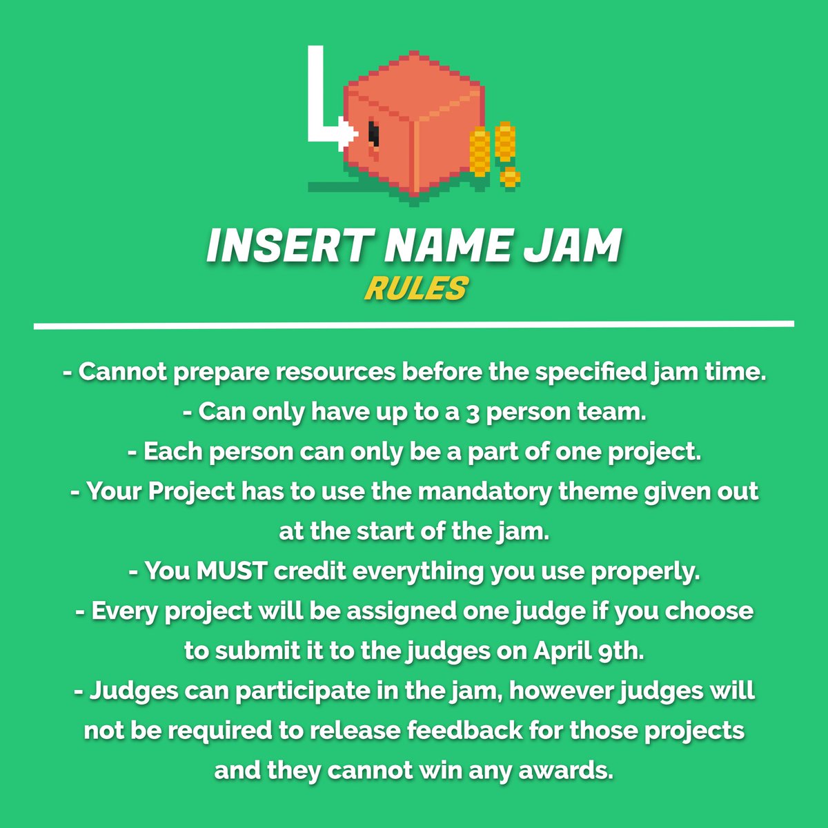The second Insert Name Jam starts in ONE week!

The Game Jam will continue to focus on helping developers improve their craft with the help of feedback given from the judges halfway through the jam.

Website: insertnamejam.net
Discord: discord.com/invite/bTPDztg…